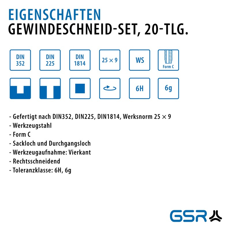 Threading die set from GSR 00706020, 21&nbsp;pieces, 25&nbsp;x 9&nbsp;M3-M12&nbsp;