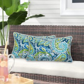 Magpie Fabrics Pack of 2 Outdoor Lumbar Pillow Case Covers 12"x20", Waterproof Rectangular Throw Pillowcase Shell Decorative Sham for Patio Garden Couch - Paisley Lapis Green