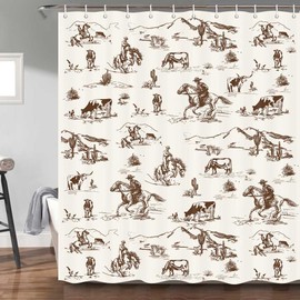 Western Cowboy Shower Curtain, Wild West Cowboy Ride Horse Desert Cactus Shower Curtain for Bathroom, Farmhouse Country American West Theme Fabric Decor Bath Curatain Set with Hooks, 69X78Brown