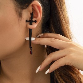 Clataly Gothic Earrings Long Sword Red Water Drop Earrings Cross Dagger Screw Back Earring Clip Youth Earrings (Single Earrings) (Black)