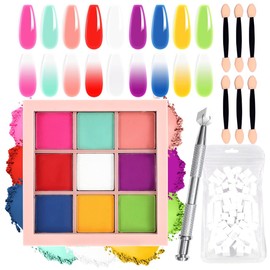 Nail Pigment Powder Palette Set, 9 Colors Ombre Nail Powder Palette with 100pcs Sponges &Grabbing Pen French Aura Nails Ombre Nail Brush Nail Art DIY Accessories (02)