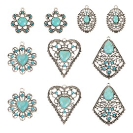 Spritewelry - 10 abalorios de turquesa con diamantes de imitación occidentales para hacer joyas, colgante de plata antigua, colgante de corazón y flores para hacer collares bohemios