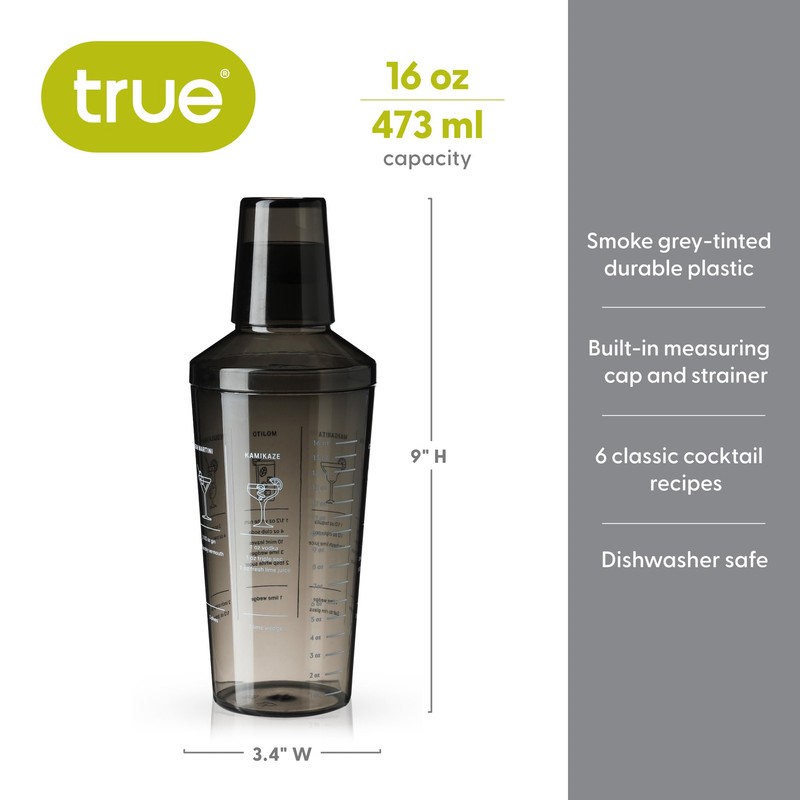 True Smoke Tinted Plastic Cocktail Shaker with Measurements, Includes 6
