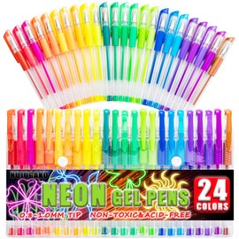 HUJUGAKO 48 Pack Neon Gel Pens, 24 Colored Gel Pen with 24 Refills,40% More Ink Write Smooth for Adults Coloring Books Drawing Doodling Scrapbooks Bullet Journaling