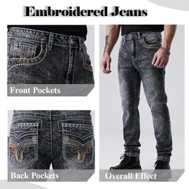 Men's Embroidered Relaxed Fit Jeans with Comfort Flex Waist Stretch Denim Casual Jeans Unique Design Classic Fit for Men (US, Waist, 36, Regular, Black)