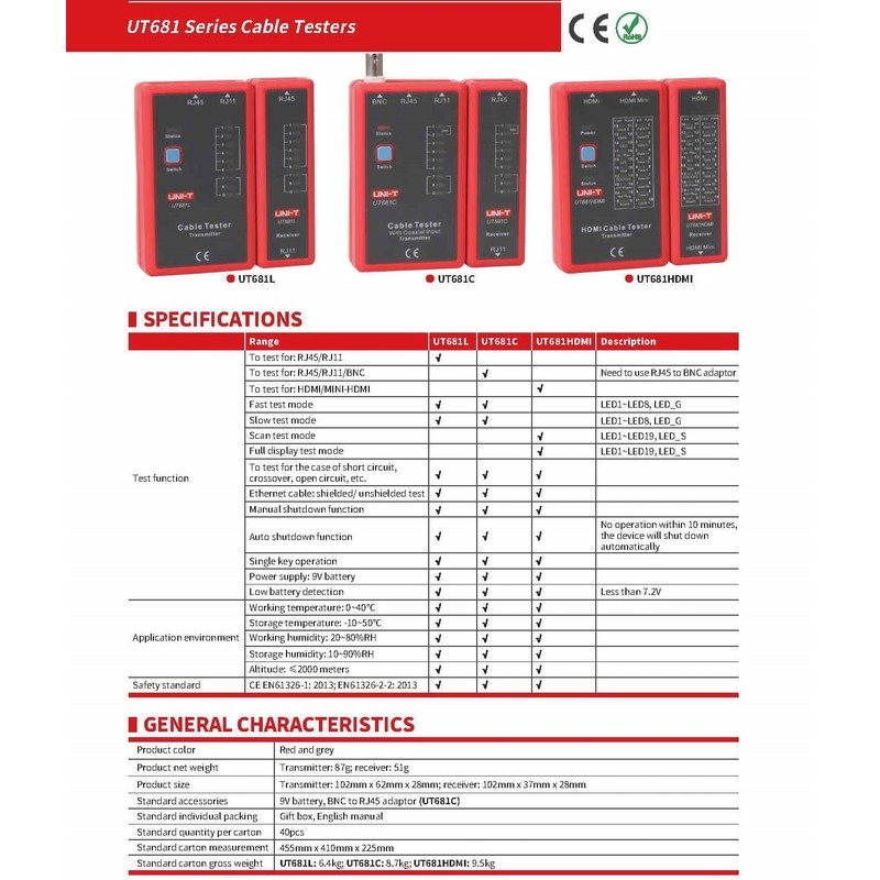 UNI-T UT681C Series UT681 Cable Tester for RJ45/RJ11/BNC