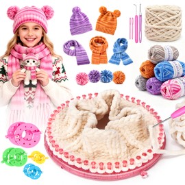 Spardar Hat Knitting Kit, Weaving Loom Kit with Portable Storage Bag, Includes Knitting Tools, 8*Pom-Pom Makers, 7 Color Yarns, Knit Hats, Scarves, Ideal Christmas or Birthday Gift, Pink