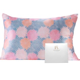 FELYSIK Pink Blue Floral Print Silk Pillowcase for Hair and Skin - Queen 20"x30", 22 Momme 100% Mulberry Silk Pillow Cases with Zipper