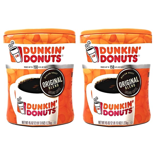 Dunkin Donuts Original Blend Ground Coffee - 90 oz Total - 45 oz Per Canister - Pack of 2 Canisters of Dunkin Donuts Ground Coffee - 100% Arabica Coffee - Medium Roast Coffee