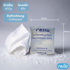 reilo 48 x 400 g Dehumidifier Granules (Calcium Chloride), Room Dehumidifier in Fleece Bag, Refill Packs for Dehumidifier Boxes 400 to 1200 g, Air Dryer for Living Room, Bedroom, Basement