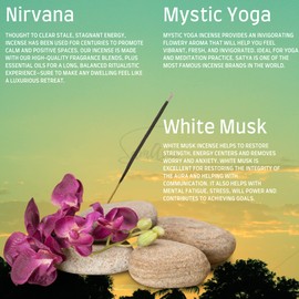 Satya Nag Champa Nirvana, Mystic Yoga and White Musk Incense Sticks | x3 pack | with SAMASIA incense sticks holder | Burn for Yoga