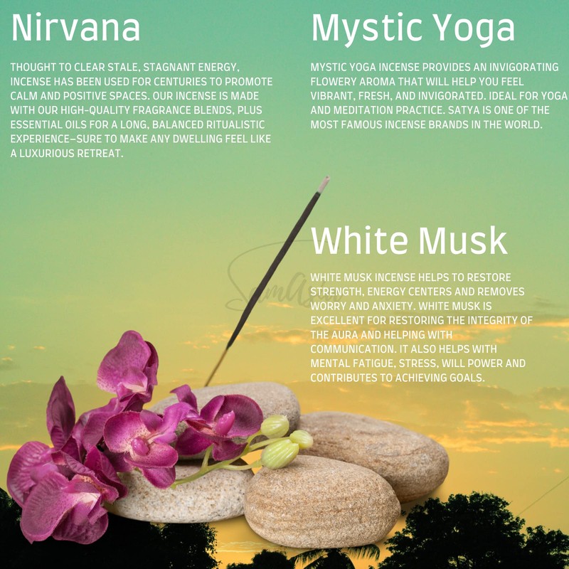 Satya Nag Champa Nirvana, Mystic Yoga and White Musk Incense