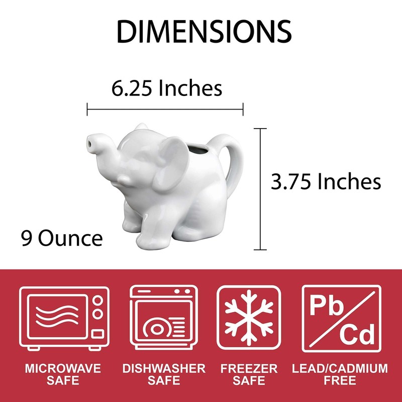 HIC Kitchen Elephant Creamer With Handle, Fine Porcelain, 9-Ounce, For