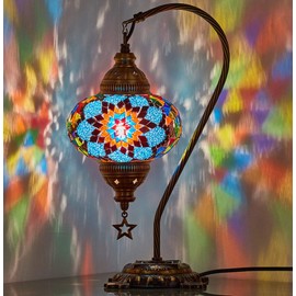 DEMMEX 2020 Turkish Moroccan Mosaic Table Lamp with US Plug & Socket, Swan Neck Handmade Desk Bedside Table Night Lamp, Decorative Tiffany Lamp Light, Blue