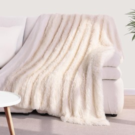KANKAEU Faux Fur Throw Blanket Twin Size 60''x80'', Cream Throw Blanket for Couch, Reversible Soft Blankets and Throws, Fuzzy Plush Fluffy Blanket for Bed Sofa
