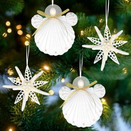 Seashell Ornaments for Christmas Tree 4PCS Handmade Natural Shell & Starfish Crafts Christmas Tree Hanging Ornaments, for Coastal & Beach & Nautical Christmas Ornaments