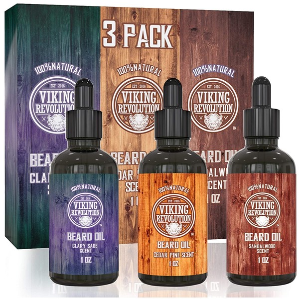 Beard Oil Conditioner 3 Pack - All Natural Variety Set - Sandalwood, Pine & Cedar, Clary Sage Conditioning and Moisturizing for a Healthy Beards, Great Item by Viking Revolution