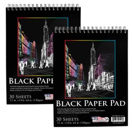 U.S. Art Supply 11x14 Premium Heavy-Weight Black Paper Sketchbook, 64lb (140gsm), 2 Pack, 30 Sheets, Spiral Bound, Black Paper Notebook for Colored Pencil, Markers, Oil Pastels, Chalk, Charcoal
