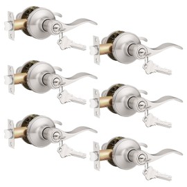 Probrico (6 Pack Keyed Alike Entry Door Lever [Lock with 3 Combo Keys],Locking Door Handle for Office or Front Door,Satin Nickel Finish Wave Entrance Door Lock, Reversible Right & Left Side Handed