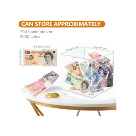 Clear Acrylic Money Saving Box, 15x15cm Square Break to Open Piggy Bank for Cash and Coin Gifts for Birthday Money Boxes for Adults