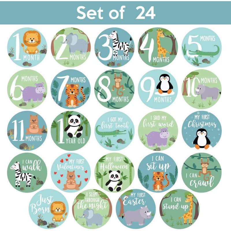 Baby Monthly Milestone Stickers – Set of 24 Zoo Animals
