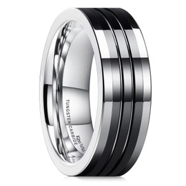 King Will 8mm Mens Silver Black Groove Tungsten Wedding Rings Black Groove Ceramic Center High Polished Surface Pipe Cut Edge Wedding Band for Men Women 9.5