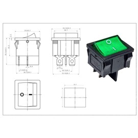 Rocker Switch Green Rocker 4 Pin 6A 250VAC Device Switch, Frame Dimensions Approx. 21 x 24 mm, Illuminated