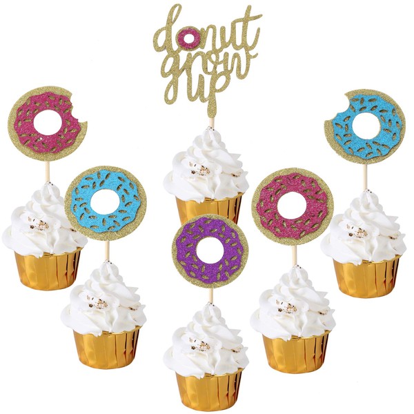 Donut Cupcake Toppers para donut para fiesta de cumpleaños de niños, fiesta de cumpleaños, decoración de banquetes con purpurina para cupcakes con 24 púas de fruta de postre