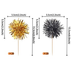 40 PCS Foil Firework Cupcake Toppers Sparkle Tinsel Cupcake Picks Fireworks Birthday Party Decorations Cocktail Fruit Toothpick for Birthday Wedding Graduation Party Decorations Supplies Black Gold