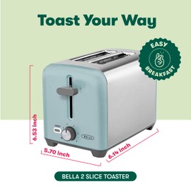 BELLA 2 Slice Toaster, Quick & Even Results Every Time, Wide Slots Fit Any Size Bread Like Bagels or Texas Toast, Drop-Down Crumb Tray for Easy Clean Up, Stainless Steel and Aqua
