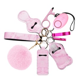 Ankilo Safety Keychain Set for Women, 10 Pcs Keychain Set with Safety Siren, Whistle, Pompom, for Women Girls Kids and Seniors (Pink)