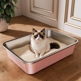 Qiuma Stainless Steel Litter Box, Large Metal Cat Litter Box for Big and Small Cats, Non-Stick, Easy to Clean, Odor-Free, 19.5" L×13.6" W×3.9" H, Blush Pink