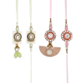 Rakhi Bhaiya Bhabhi Veera Rakhi Set Rakhi Lumba Set Couple Pair with Dora for Brother Bhabhi Rakhi Set of 4 Family Rakhi Gift Pack Thread Bracelet Dori for Raksha Bandhan Indian Traditional Festival