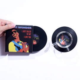Mini Vinyl Record Coasters - Set of 2 Cool Music Coasters with Designed Album Cover Decorations - Housewarming Gift for Music Lovers (CS038)