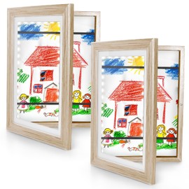 KOTNYX LED Light Kids Artwork Frame - Front Opening Kids Art Display Picture Frame, Holds 100 Pictures, MDF & Shatter-Resistant Glass, Standing Frame/Wall Hanging,13.3x10, Mat 11.6x8.3 - Wood