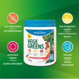 Progressive Health Progressive VegeGreens Strawberry Banana, Vegan Canadian-Made Superfoods + Daily Greens with 23 Whole Foods, Adaptogens, Anti-Inflammatory, Antioxidants & Digestive Support for Energy and Immunity, 530 g