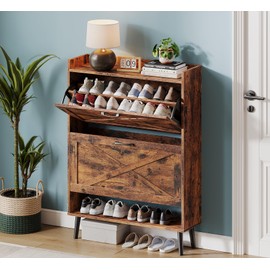 aaculpet Shoe Cabinet with 2 Flip Drawers, 43.5” Tall Shoe Storage Cabinet, Sturdy Rustic Shoe Rack Organizer with Anti-Tipping Design, Narrow Shoes Dresser Hidden Shoes Cabinet Storage for Entryway