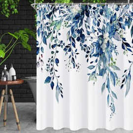 NECSOLE Shower Curtain Blue Shower Curtains for Bathroom, Watercolor Leaf Eucalyptus Shower Curtain Sets Waterproof Plant Shower Curtain Leaves Cloth Bathroom Curtains 72x72 inch with Hooks