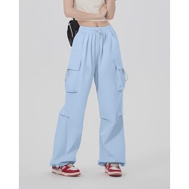 HENGAO Girls Cargo Pants Trendy Casual Parachute Pants Baggy Streetwear Harem Jogger Pants with Pockets, Sky Blue, 13-14 Years = Tag 170