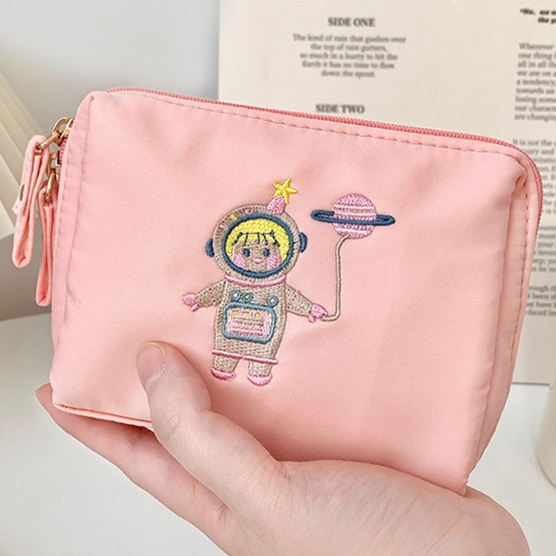 Spaceman Embroidered Mini Makeup Bag Zipper Closure Multi Compartment Travel