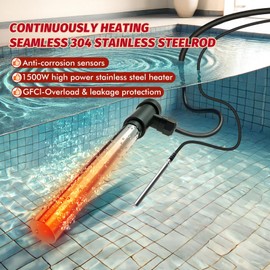 1500W Fully Submersible Water Heater for Pool, Portable Electric Hot Tub & Ground Swimming Pool Immersion Water Heater with Thermostat, GFCI Plug, for Bathtub Baptistery Bucket Stock Tank Camping (OR)