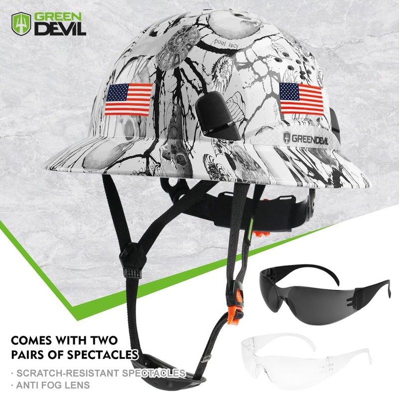GREEN DEVIL Full Brim Hard Hat Vented Construction Safety Helmet