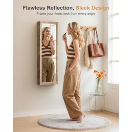 Nicetree 6 LEDs Mirror Jewelry Cabinet with 3 Improvements, 4.2" D Door/Wall Mounted Jewelry Armoire with Full Length Mirror, Larger Capacity, Rustic Brown