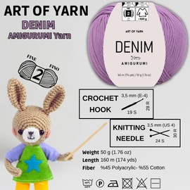 Art of Yarn Denim 55% Cotton,45% Poliacrylic, 2 Skeins Total 100gr (3,52 oz),320m (3,48 yds),Soft & Smooth Yarn Sport – Fine(2) for Crocheting, Knitting, Amigurumi, Baby Blankets, Baby Garments 99972