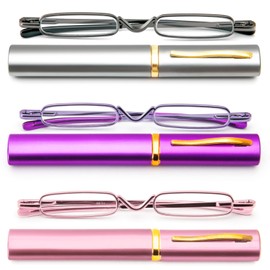 DXYXYO Mini Reading Glasses for Women Men 3 Pack Compact Small Pocket Metal Readers with Portable Case, Grey Pink and Purple 2.0 Magnification