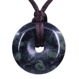Keleny Natural Kambaba Jasper Gemstones 30mm Circle Peace Donut Beads Adjustable Braided Rope Pendant Necklace