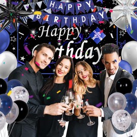 Black and Blue Birthday Decorations for Men Boys Women Girls, 75 PCS Blue and Silver Party Decorations Happy Birthday Backdrop Banner Blue Black Silver Confetti Star Balloons Arch Tablecloth