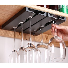 runruii Wine Glass Holder Under Shelf Cabinet Wine Glass Rack Plastic Stemware Rack Glassware Drying Storage Hanger for Kitchen,Bar and Restaurant (Black-2Pack)