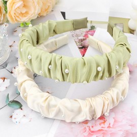 KEUKORZ Wide Pearl Headbands - 2Pcs Hairbands Decorated with Pearl for Women’ Hair - Fashion Hair Accessories for Makeup (White and Green)