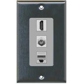 RiteAV - 1 Port HDMI and 1 Port Coax Cable TV- F-Type Cat5e Ethernet Decorative Wall Plate - Stainless Steel/Gray